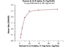 Immobilized Human IL-11, His Tag (ABIN6992342) at 5 μg/mL (100 μL/well) can bind Human IL-11 R alpha, Fc Tag (ABIN6992343) with a linear range of 1-10 ng/mL (QC tested).