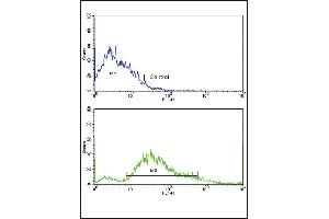 Flow cytometric analysis of SK-Br-3 cells using PDGFRB Antibody (N-term)(bottom histogram) compared to a negative control cell (top histogram). (PDGFRB anticorps  (N-Term))