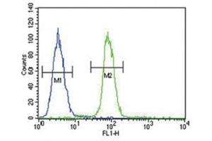 S100B antibody flow cytometric analysis of A375 cells (right histogram) compared to a negative control (left histogram).