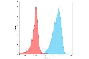 Flow cytometry analysis with 15 μg/mL Human BAFF Protein, hFc tag (ABIN6961113, ABIN7042255 and ABIN7042256) on Expi293 cells transfected with human BAFF-R (Blue histogram) or Expi293 transfected with irrelevant protein (Red histogram).