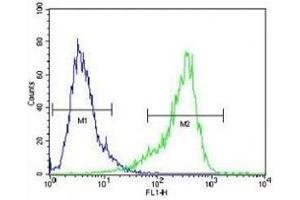 CYP26A1 antibody flow cytometric analysis of NIH3T3 cells (green) compared to a negative control cell (blue).