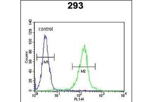 STE Antibody (Center) (ABIN651772 and ABIN2840394) flow cytometric analysis of 293 cells (right histogram) compared to a negative control cell (left histogram). (STEAP2 anticorps  (AA 229-258))