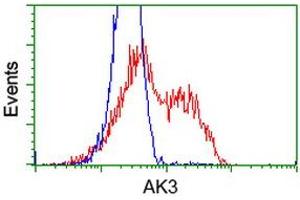 HEK293T cells transfected with either RC204408 overexpress plasmid (Red) or empty vector control plasmid (Blue) were immunostained by anti-AK3 antibody (ABIN2452716), and then analyzed by flow cytometry. (Adenylate Kinase 3 anticorps)
