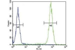 IL-4 antibody flow cytometric analysis of WiDr cells (right histogram) compared to a negative control (left histogram).