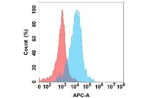 Flow cytometry analysis with Anti-CD32a on Expi293 cells transfected with human CD32a (Blue histogram) or Expi293 transfected with irrelevant protein (Red histogram).