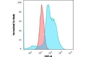 Flow Cytometric Analysis of SKBR-3 cells using B7-H4 Mouse Monoclonal Antibody (B7H4/1788) followed by goat anti-Mouse IgG-CF488 (Blue); Isotype Control (Red). (VTCN1 anticorps)