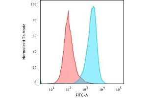Flow Cytometric Analysis of paraformaldehyde-fixed Raji cells using CD45RB Rabbit Recombinant Monoclonal Antibody (PTPRC/1783R) followed by Goat anti-rabbit IgG-CF488 (Blue); Isotype Control (Red). (Recombinant CD45 anticorps)