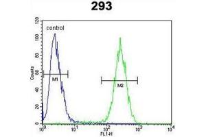 Flow cytometric analysis of 293 cells using ENSA Antibody  (right histogram) compared to a negative control cell (left histogram).