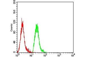 Flow cytometric analysis of Hela cells using PINK1 mouse mAb (green) and negative control (red).