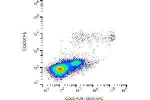 Flow cytometry analysis of IgE-activated peripheral blood stained with anti-human CD63 (MEM-259) purified, GAM-APC.