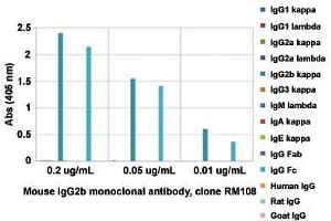 ELISA analysis of Mouse IgG2b monoclonal antibody, clone RM108  at the following concentrations: 0. (Lapin anti-Souris IgG2b Anticorps)