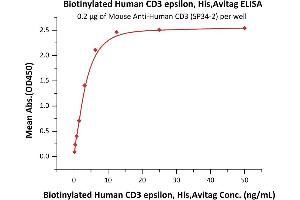 Immobilized Mouse A CD3 (SP34-2) at 2 μg/mL (100 μL/well) can bind Biotinylated Human CD3 epsilon, His,Avitag (ABIN5954965,ABIN6253533) with a linear range of 0. (CD3 epsilon Protein (CD3E) (AA 23-126) (His tag,AVI tag,Biotin))