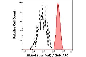 Separation of HLA-G transfected HEK-293 cells (red-filled) from HLA-G negative debris (black-dashed) in flow cytometry analysis (intracellular staining) of HLA-G transfected HEK-293 cells using anti-human HLA-G (2A12) purified antibody (concentration in sample 4 μg/mL) GAM APC. (HLAG anticorps  (C-Term))