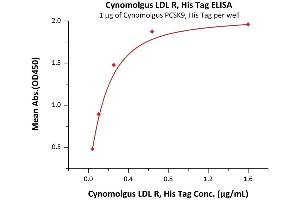 Immobilized Cynomolgus PCSK9, His Tag (ABIN2870598,ABIN2870599) at 10 μg/mL (100 μL/well) can bind Cynomolgus LDL R, His Tag (ABIN5526601,ABIN5526602) with a linear range of 0. (LDLR Protein (AA 22-788) (His tag))