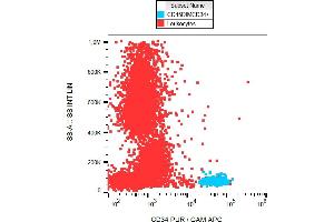 Flow cytometry analysis (surface staining) of CD34+ cells in human peripheral blood with anti-CD34 (581) purified. (CD34 anticorps)