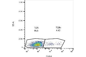 Flow cytometry analysis (surface staining) of human peripheral blood lymphocytes with anti-human TCR gamma/delta (B1) purified, GAM-APC. (TCR gamma/delta anticorps)