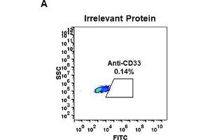 Expi 293 cell line transfected with irrelevant protein  (A) and human CD33  (B) were surface stained with Rabbit anti-CD33 monoclonal antibody 1 μg/mL  (clone: DM77) followed by Alexa 488-conjugated anti-rabbit IgG secondary antibody.