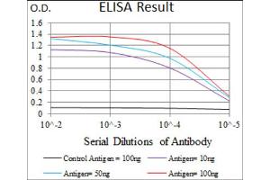 Red: Control Antigen (100ng) ; Purple: Antigen (10ng) ; Green: Antigen (50ng) ; Blue: Antigen (100ng).