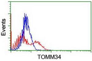 HEK293T cells transfected with either RC201083 overexpress plasmid (Red) or empty vector control plasmid (Blue) were immunostained by anti-TOMM34 antibody (ABIN2454785), and then analyzed by flow cytometry. (TOMM34 anticorps)