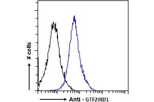 ABIN185681 Flow cytometric analysis of paraformaldehyde fixed A431 cells (blue line), permeabilized with 0.