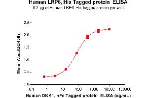 ELISA plate pre-coated by 5 μg/mL (100 μL/well) Human Protein, His Tag (ABIN7455721, ABIN7491292 and ABIN7491293) can bind Human Protein, hFc Tag(ABIN7092683, ABIN7272242 and ABIN7272243) in a linear range of 16-400 ng/mL.