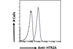 ABIN263202 Flow cytometric analysis of paraformaldehyde fixed A549 cells (blue line), permeabilized with 0. (HTR2A anticorps  (Internal Region))