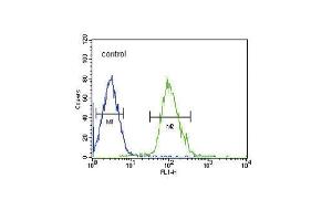 TUBB3 Antibody (N-term) (ABIN651938 and ABIN2840464) flow cytometric analysis of HepG2 cells (right histogram) compared to a negative control cell (left histogram).