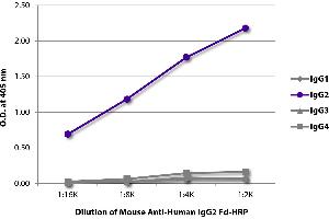 ELISA plate was coated with purified human IgG1, IgG2, IgG3, and IgG4. (Souris anti-Humain IgG2 (Fd Region) Anticorps (HRP))
