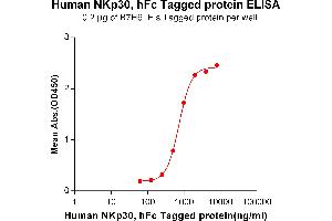 ELISA plate pre-coated by 2 μg/mL (100 μL/well) Human B7H6, His tagged protein ABIN6964097, ABIN7042449 and ABIN7042450 can bind Human NKp30, hFc tagged protein (ABIN6961135, ABIN7042299 and ABIN7042300) in a linear range of 250-2000 ng/mL.