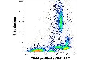 Flow cytometry surface staining pattern of human peripheral whole blood stained using anti-human CD44 (MEM-263) purified antibody (concentration in sample 4 μg/mL) GAM APC. (CD44 anticorps)
