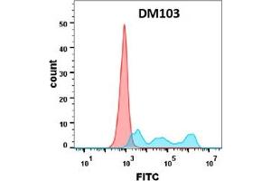 Flow cytometry analysis with Anti-CD30 (DM103) on Expi293 cells transfected with human CD30 (Blue histogram) or Expi293 transfected with irrelevant protein (Red histogram). (TNFRSF8 anticorps  (AA 19-379))