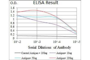 Red: Control Antigen (100ng) ; Purple: Antigen (10ng) ; Green: Antigen (50ng) ; Blue: Antigen (100ng).