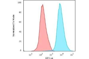 Flow Cytometric Analysis of PFA-fixed Jurkat cells using CD45 Monoclonal Antibody (PTPRC/1461) followed by Goat anti- Mouse- IgG-CF488 (Blue); Isotype Control (Red).