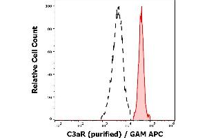 Separation of human neutrophil granulocytes (red-filled) from human lymphocytes (black-dashed) in flow cytometry analysis (surface staining) of peripheral whole blood stained using anti-human C3aR (HC3aRZ8) purified antibody (concentration in sample 1,7 μg/mL, GAM APC). (C3AR1 anticorps)