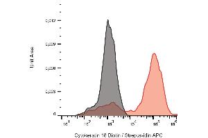 Flow cytometry analysis (intracellular staining) of HeLa cells with anti-human cytokeratin 18 (DC-10) biotin antibody (red, concentration in sample 6 μg/mL) streptavidin-APC, with blank sample (black).