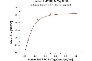 Immobilized Human IL-17F, His Tag (ABIN6973111) at 2 μg/mL (100 μL/well) can bind Human IL-17 RC, Fc Tag (ABIN6973109) with a linear range of 0. (IL17RC Protein (AA 21-465) (Fc Tag))