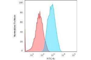 Flow Cytometric Analysis of Human HeLa cells using Smooth Muscle Actin Mouse Monoclonal Antibody (1A4) followed by Goat anti-Mouse IgG-CF488 (Blue); Isotype control (Red).