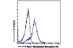 (ABIN185462) Flow cytometric analysis of paraformaldehyde fixed A431 cells (blue line), permeabilized with 0. (HRH1 anticorps  (C-Term))