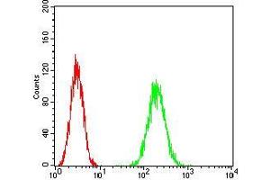 Flow cytometric analysis of Hela cells using HPRT1 mouse mAb (green) and negative control (red).