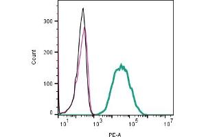 Cell surface detection of CD9 by direct flow cytometry in live intact mouse  microglia cell line: + Rabbit IgG Isotype Control-PE.