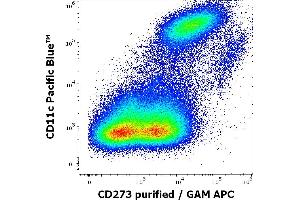 Flow cytometry multicolor surface staining pattern of human stimulated (GM-CSF + IL-4) monocytes using anti-human CD11c (BU15) Pacific Blue antibody (20 μL reagent / 100 μL of peripheral whole blood) and anti-human CD273 (24F. (PDCD1LG2 anticorps)