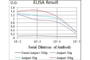 Red: Control Antigen (100ng) ; Purple: Antigen (10ng) ; Green: Antigen (50ng) ; Blue: Antigen (100ng).