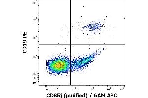 Flow cytometry multicolor surface staining of human lymphocytes stained using anti-human CD85j (GHI/75) purified antibody (concentration in sample 1 μg/mL) GAM APC and anti-human CD19 (LT19) PE antibody (20 μL reagent / 100 μL of peripheral whole blood). (LILRB1 anticorps)