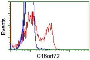 HEK293T cells transfected with either RC214935 overexpress plasmid (Red) or empty vector control plasmid (Blue) were immunostained by anti-C16orf72 antibody (ABIN2452856), and then analyzed by flow cytometry. (C16orf72 anticorps)