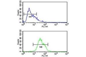 Integrin alpha 5 antibody flow cytometric analysis of CEM cells (green) compared to a negative control (blue).