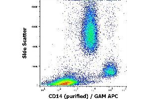 Flow cytometry surface staining pattern of human peripheral whole blood stained using anti-human CD14 (MEM-18) purified antibody (concentration in sample 0,6 μg/mL, GAM APC).