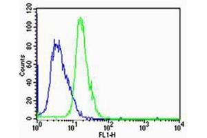 Flow cytometric analysis of Jurkat cells using HTR1A Antibody (Center)(green, Cat(ABIN6242991 and ABIN6577398)) compared to an isotype control of rabbit IgG(blue).