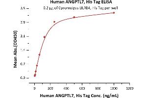 Immobilized Cynomolgus LILRB4, His Tag (ABIN5526663,ABIN6809991) at 2 μg/mL (100 μL/well) can bind Human ANGPTL7, His Tag (ABIN5526615,ABIN6809995) with a linear range of 8-125 ng/mL (QC tested). (ANGPTL7 Protein (AA 27-346) (His tag))