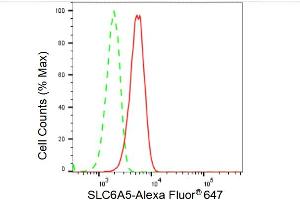 Flow cytometric analysis of SLC6A5 expression in HeLa cells using SLC6A5 antibody (ABIN7800399), 1:2,000).