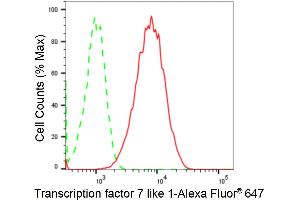 Flow cytometric analysis of Transcription factor 7 like 1 expression in HT- cells using Transcription factor 7 like 1 antibody (ABIN7800588), 1:2,000). (Recombinant TCF7L1 anticorps)